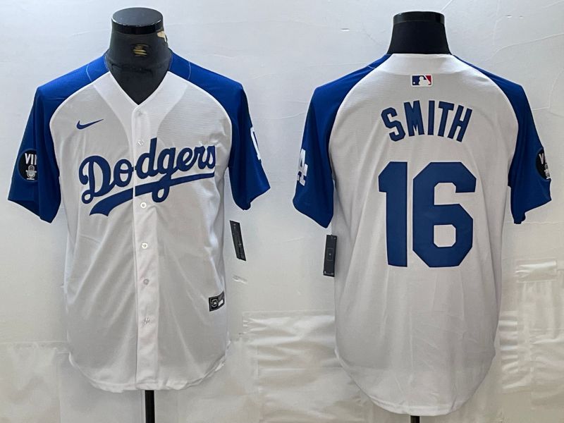 Men Los Angeles Dodgers 16 Smith White blue Fashion Nike Game MLB Jersey style 1